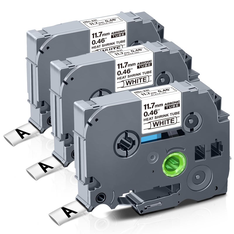 Absonic 3-Pack Hse231 11.7mm Heat Shrink Tube Label Tape Compatible for Brother Hse-231 Hs231 Hs-231 P Touch Hse Label Tape 1/2 inch Black on White for PT-D220 PT-D210 PT-E300 PT-E500 PT-E550W - Image 1